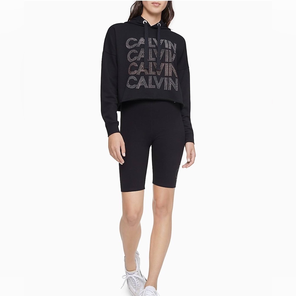 Calvin Klein Jeans Womens Black Crop Rhinestone Hoodie Size M